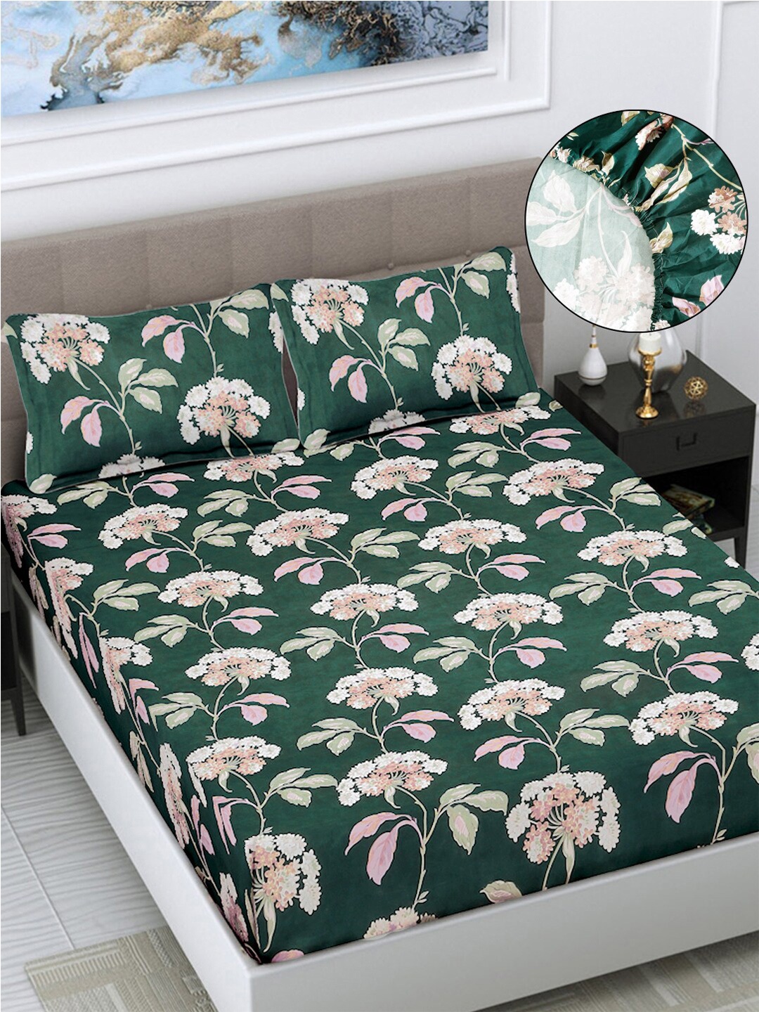 

FABINALIV Green & Pink Floral 300 TC Fitted King Bedsheet with 2 Pillow Covers
