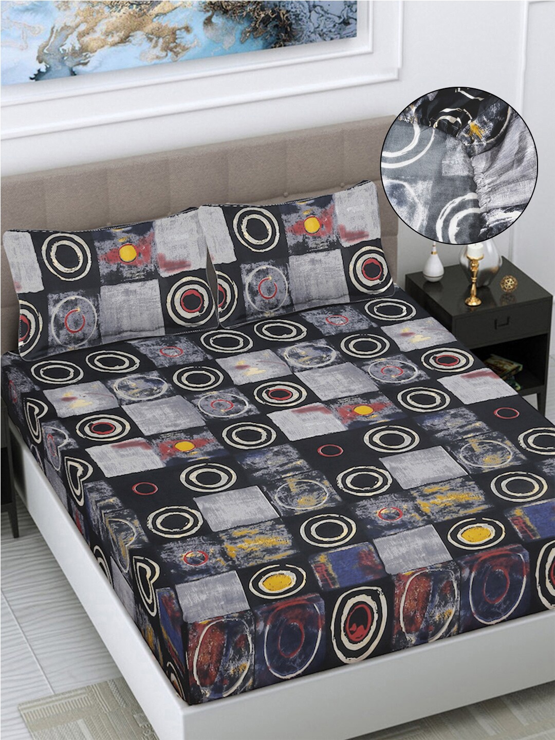 

FABINALIV Navy Blue & Yellow Geometric Print 300 TC Fitted King Bedsheet & 2 Pillow Covers