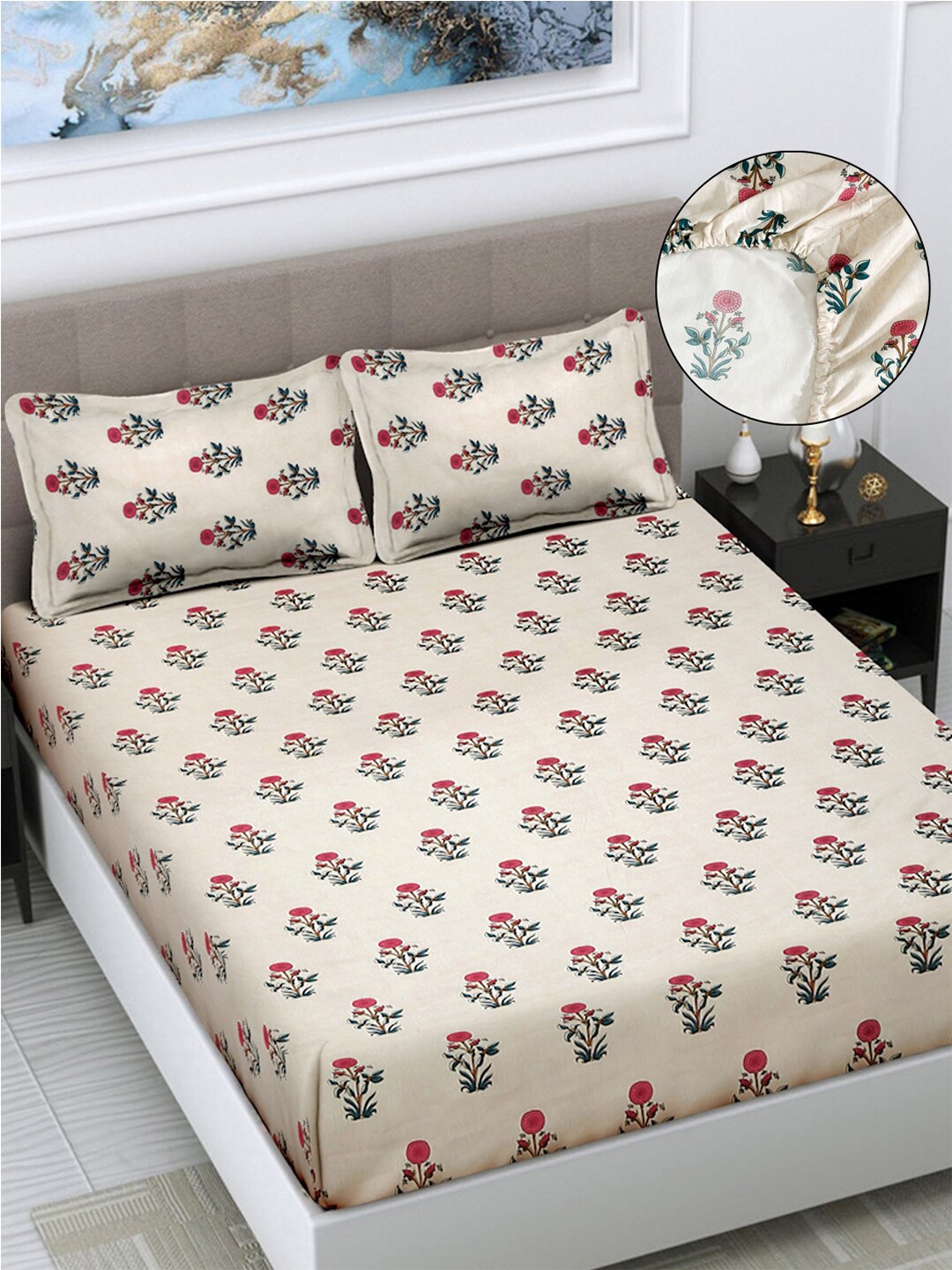 

FABINALIV Cream Coloured & Red Floral Print 300 TC Fitted King Bedsheet & 2 Pillow Covers