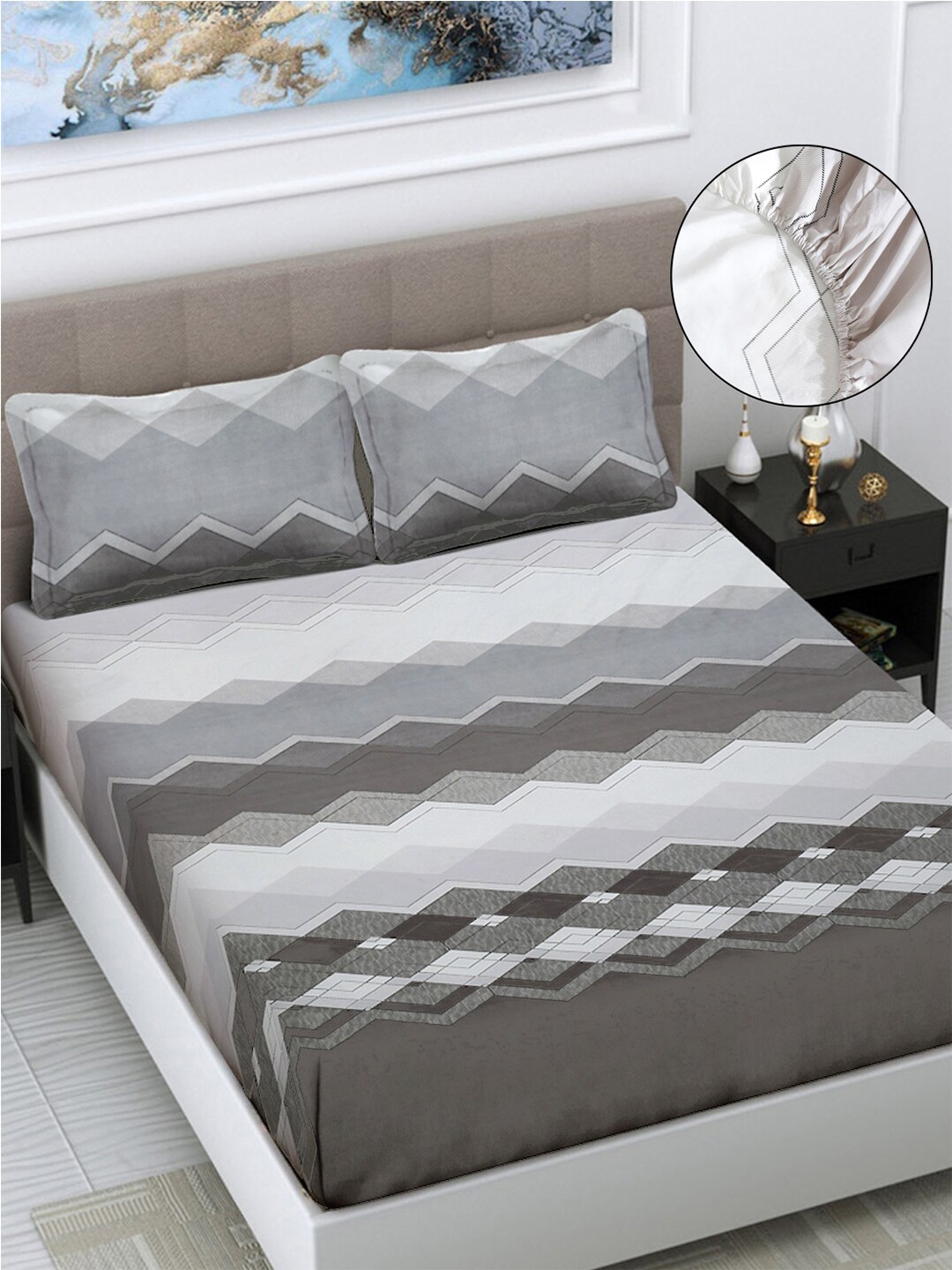 

FABINALIV White & Grey Geometric 300 TC Fitted King Bedsheet with 2 Pillow Covers