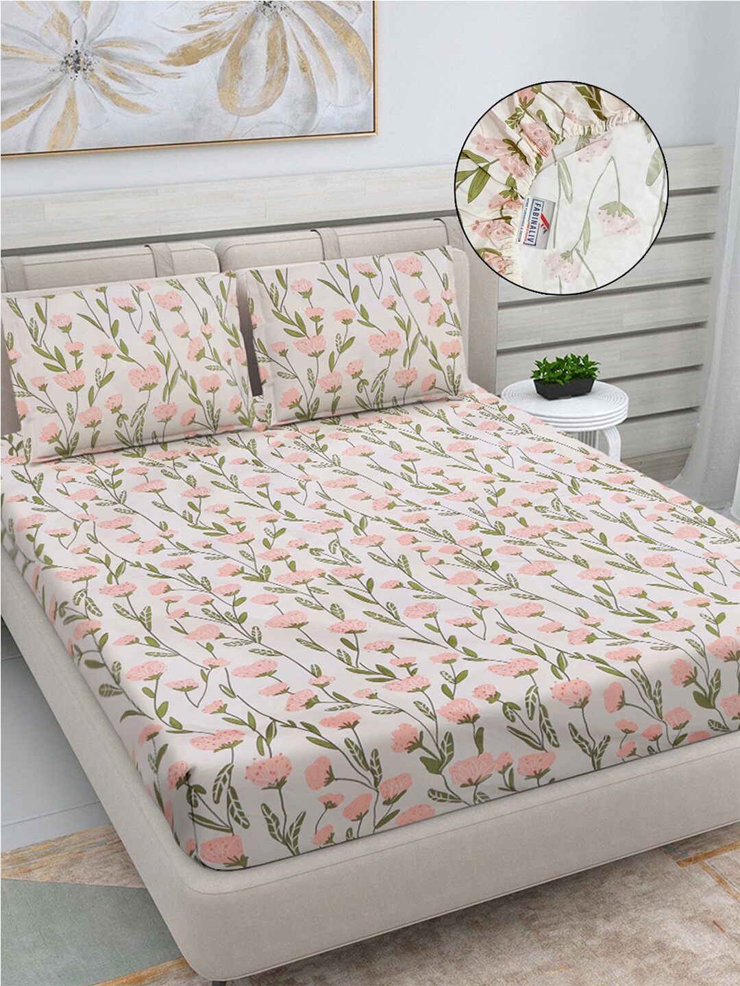 

FABINALIV Pink & Green Floral 300 TC King Fitted Bedsheet with 2 Pillow Covers