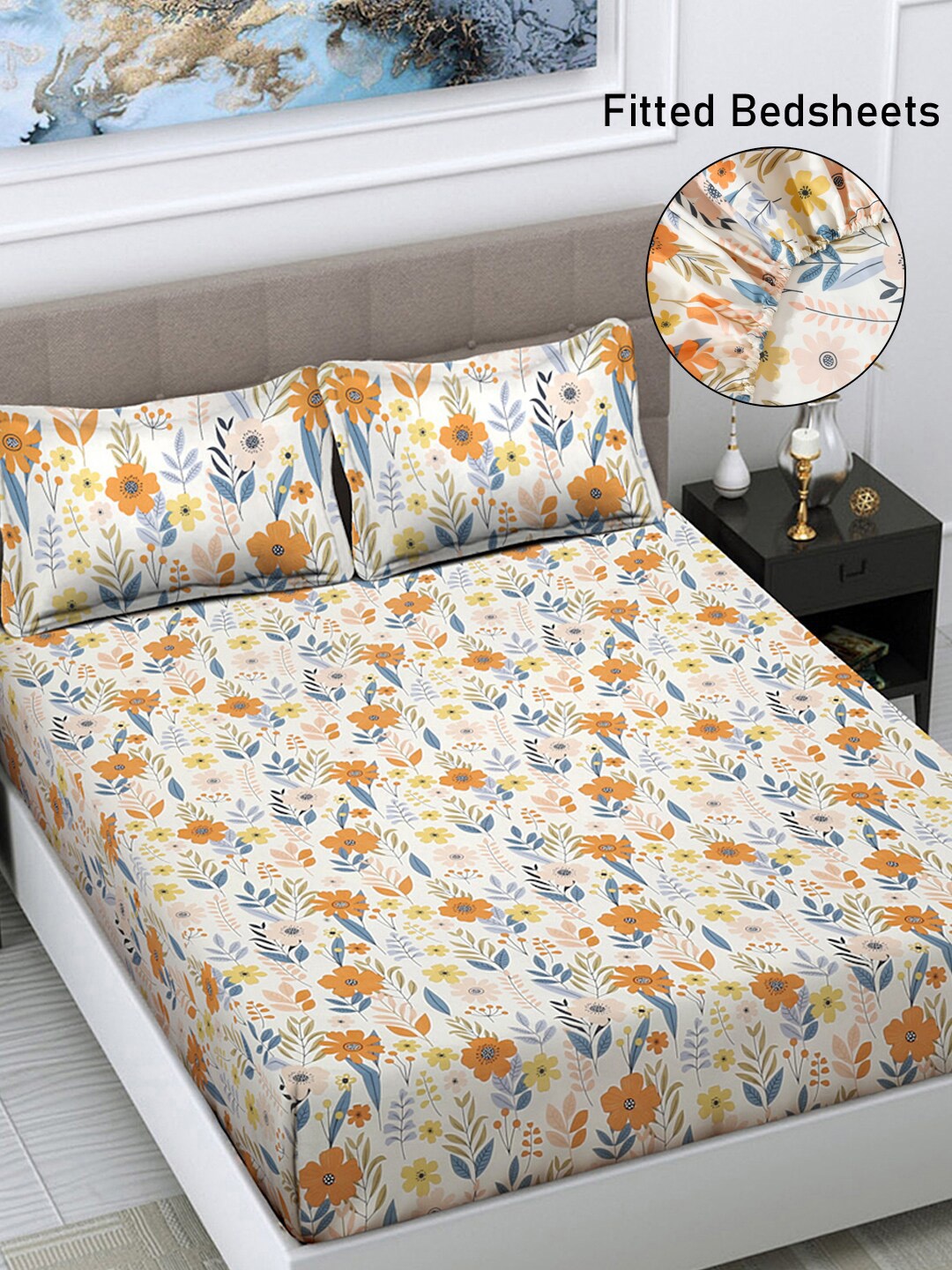 

FABINALIV Yellow & Orange Floral Print 300 TC Fitted King Bedsheet & 2 Pillow Covers