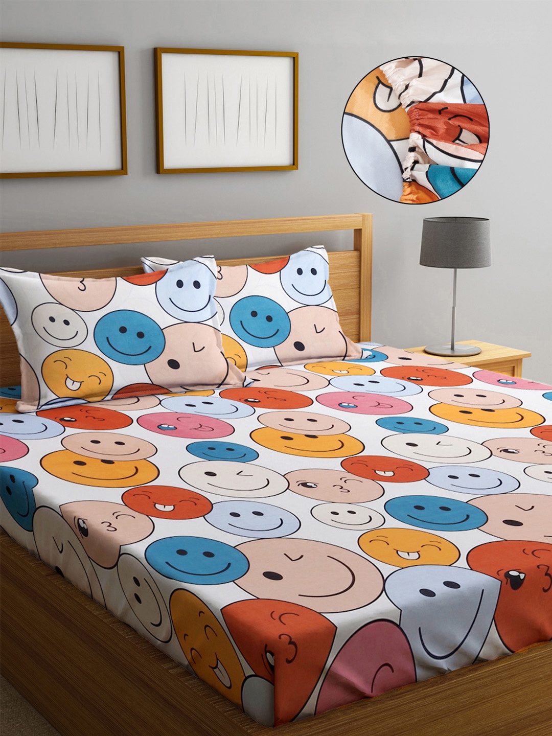 

FABINALIV White & Blue Cartoon Print 300 TC Fitted King Bedsheet & 2 Pillow Covers
