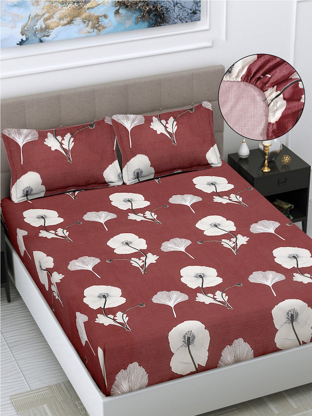 

FABINALIV Maroon & White Floral Print 300 TC Fitted King Bedsheet & 2 Pillow Covers