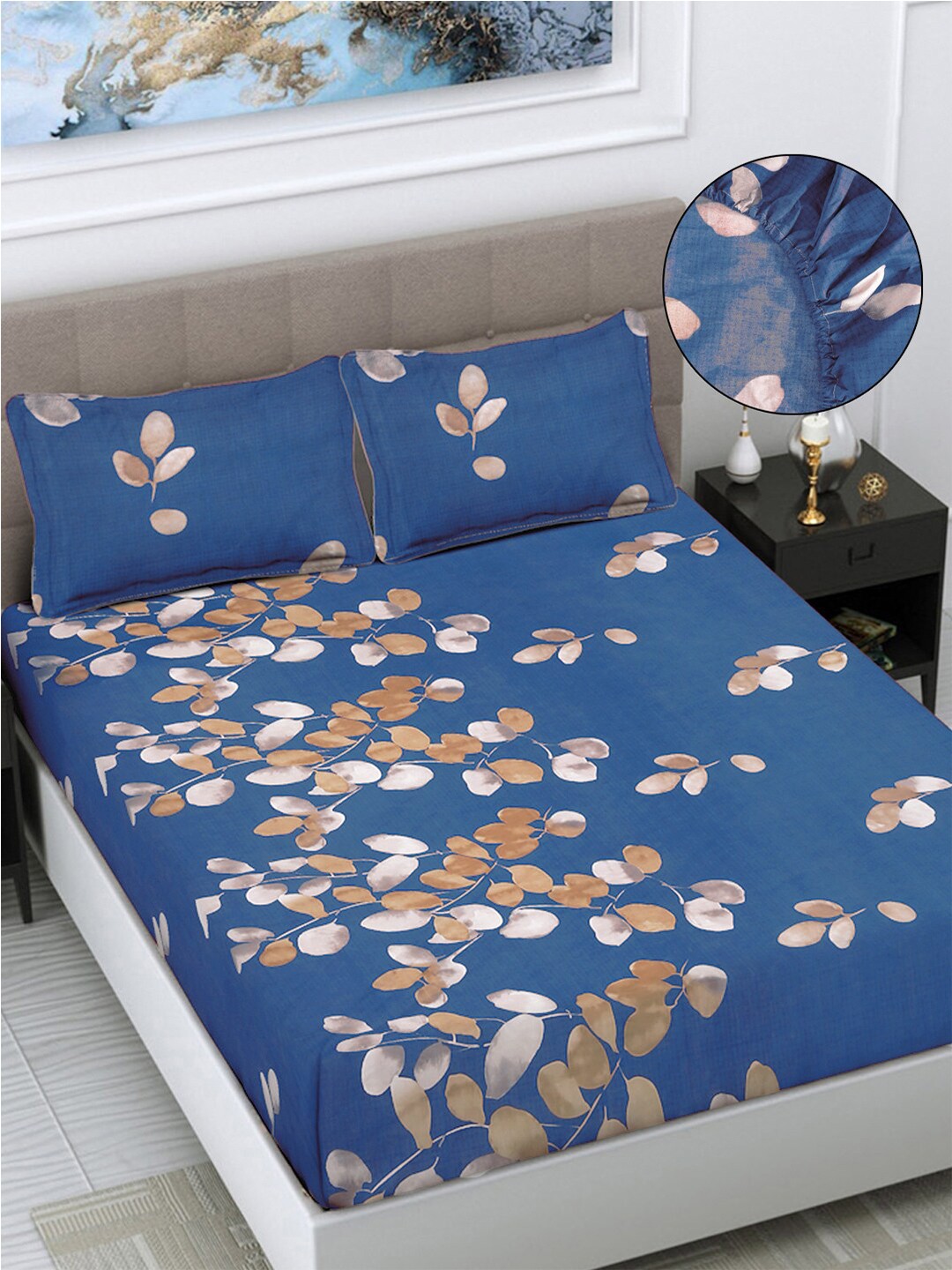 

FABINALIV Blue & Brown Floral 300 TC Fitted King Bedsheet With 2 Pillow Covers