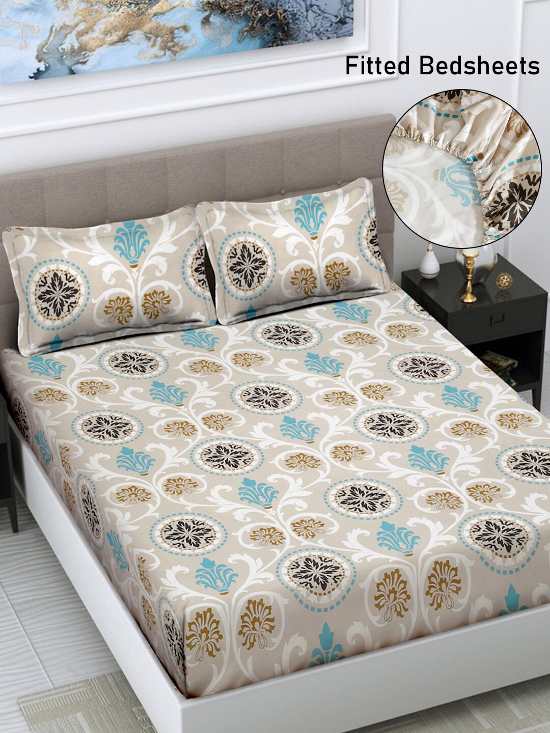 

FABINALIV Beige & Blue Floral Print 300 TC Fitted King Bedsheet & 2 Pillow Covers