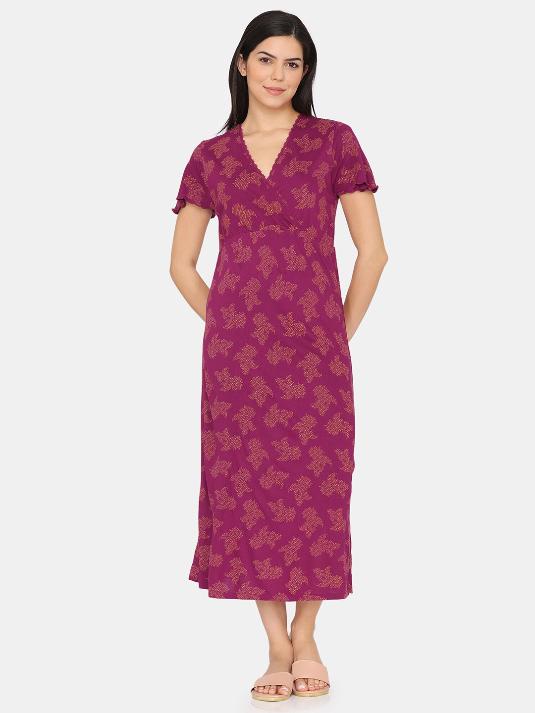 

Zivame Floral Printed V-Neck Pure Cotton Midi Wrap Nightdress, Purple