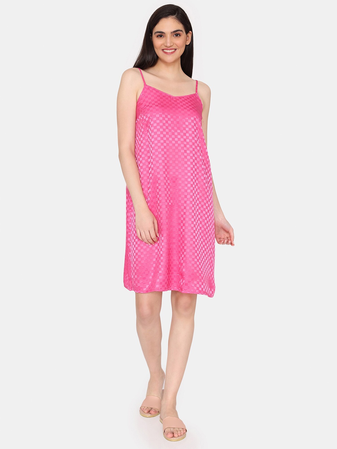 

Zivame Checked Shoulder Straps Satin Nightdress, Pink