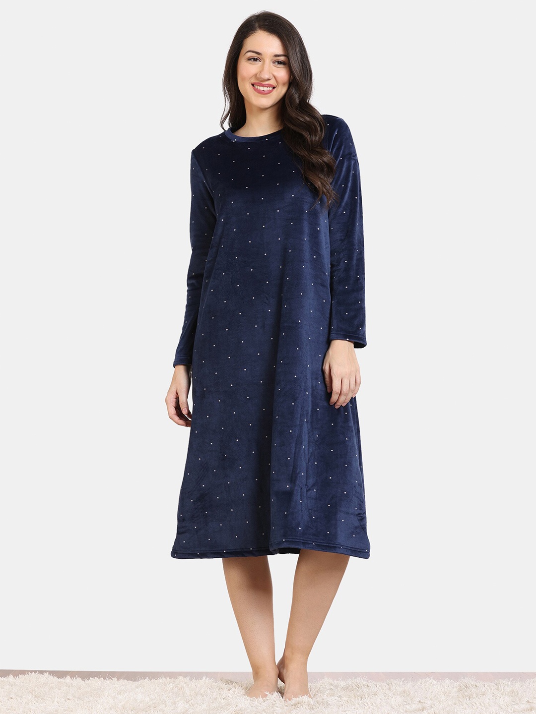 

Zivame Polka Dots Printed Pure Cotton Nightdress, Blue