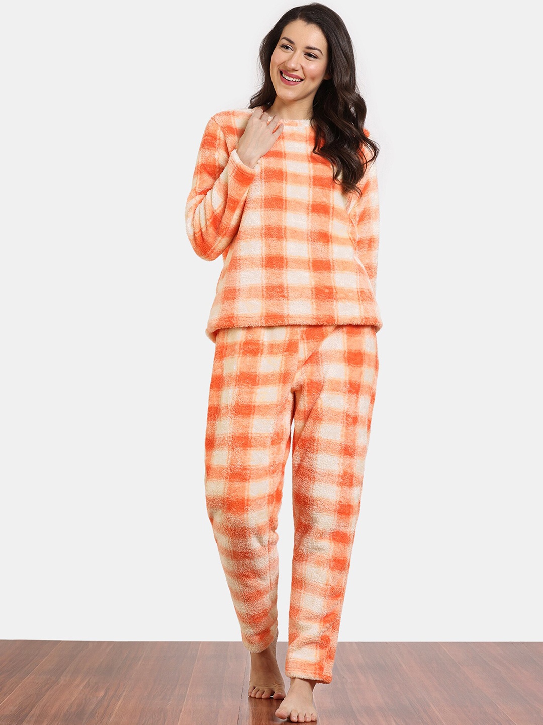 

Zivame Checked Round Neck Night suit, Orange