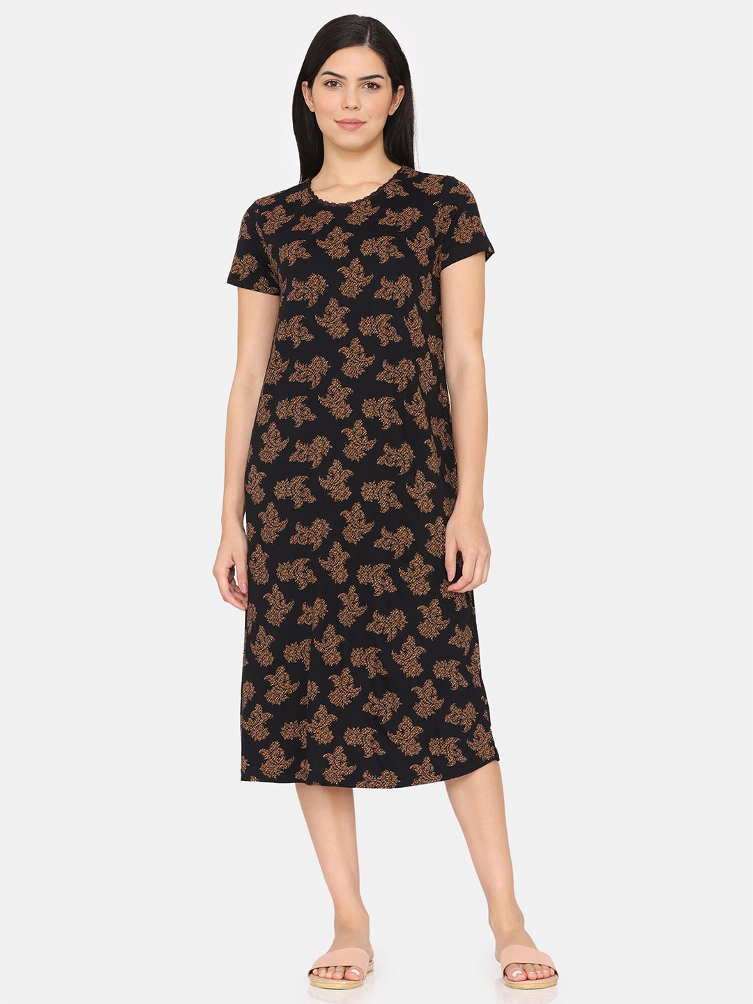 

Zivame Abstract Printed Pure Cotton Midi Nightdress, Black