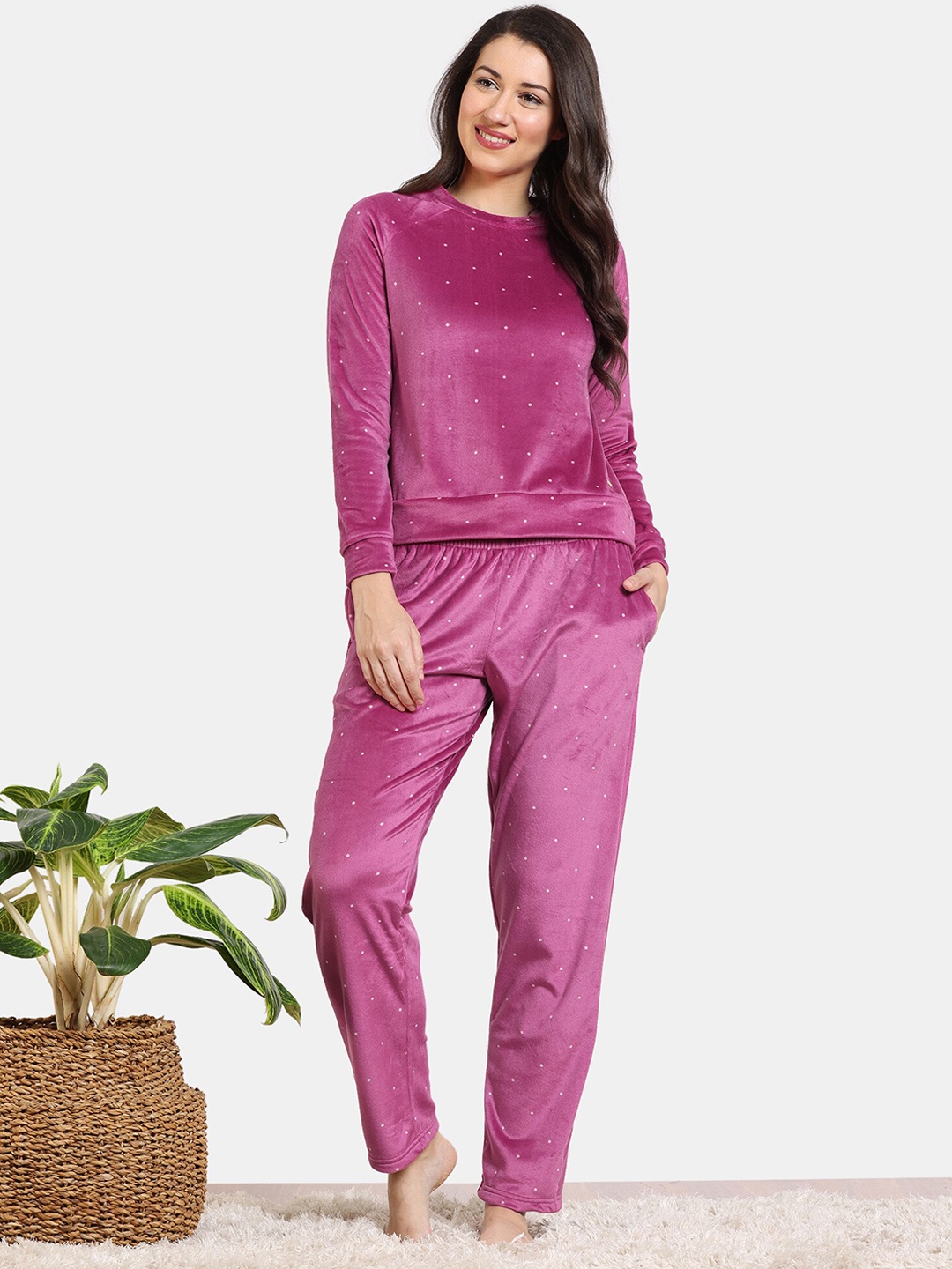 

Zivame Polka Dots Printed Long Sleeves Night Suit, Purple