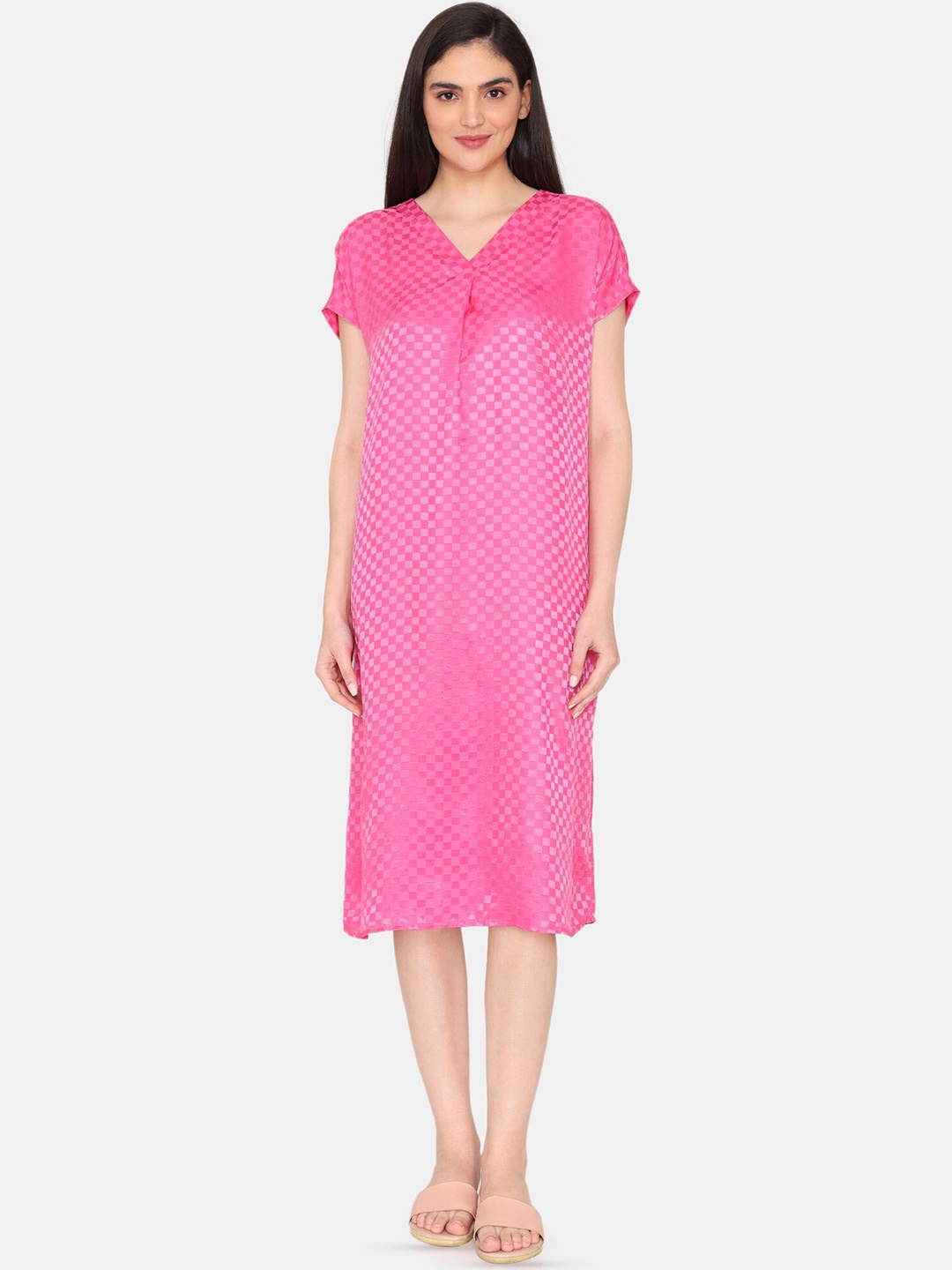 

Zivame Checked Satin Nightdress, Pink