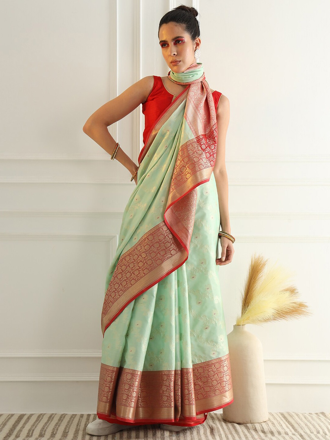 

Chhabra 555 Woven Design Zari Art Silk Chanderi Saree, Sea green