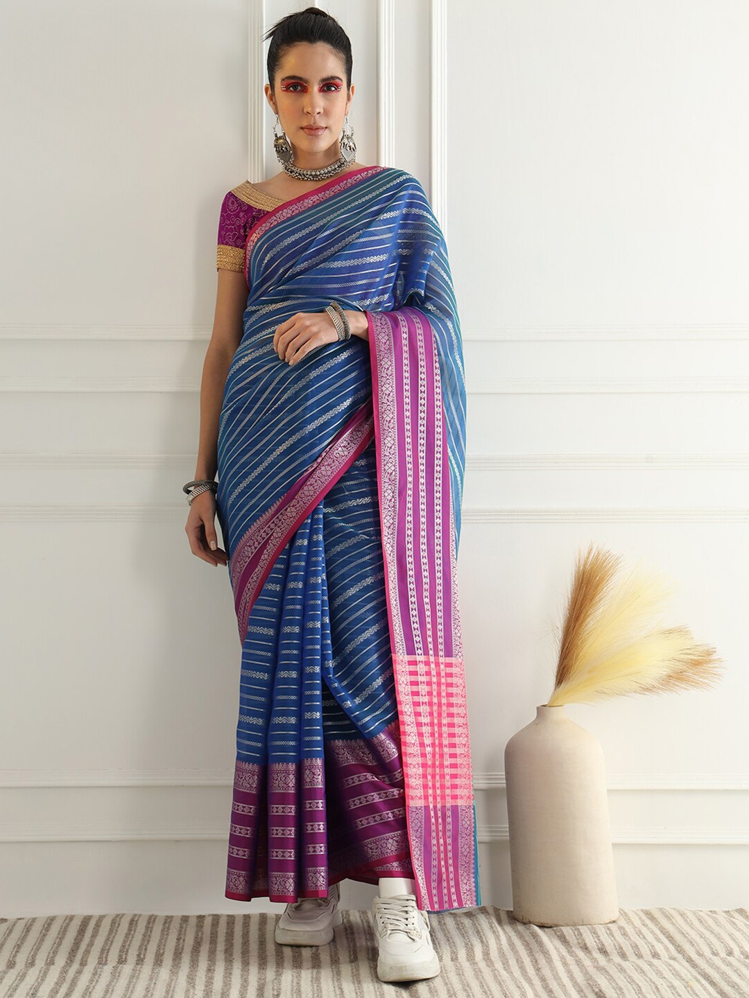 

Chhabra 555 Woven Design Zari Silk Cotton Chanderi Saree, Blue