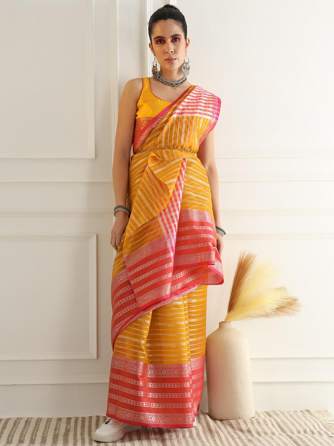 

Chhabra 555 Woven Design Zari Silk Cotton Chanderi Saree, Yellow