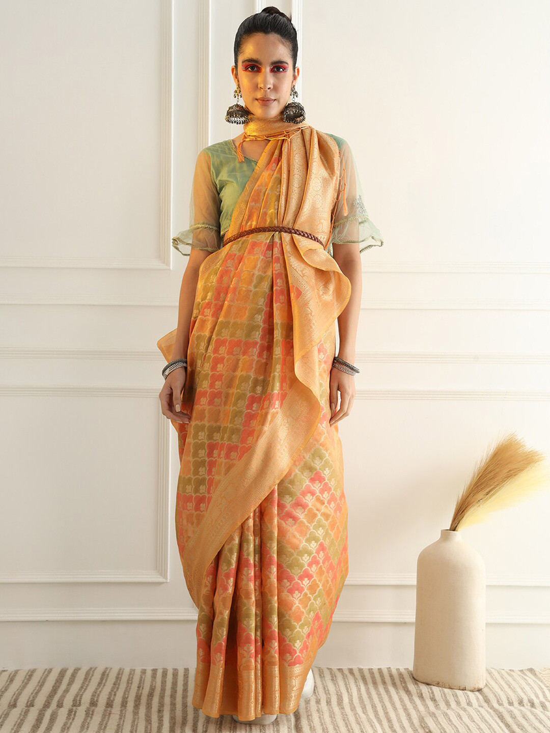 

Chhabra 555 Woven Design Zari Silk Cotton Chanderi Saree, Peach