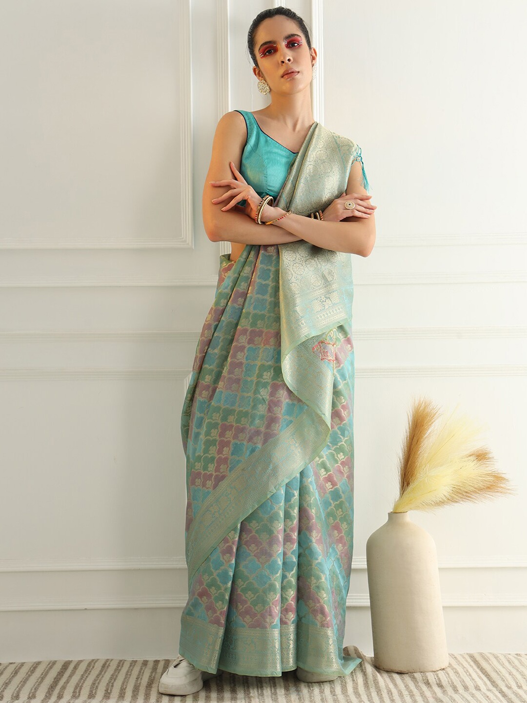 

Chhabra 555 Turquoise Woven Design Zari Silk Cotton Chanderi Saree, Turquoise blue