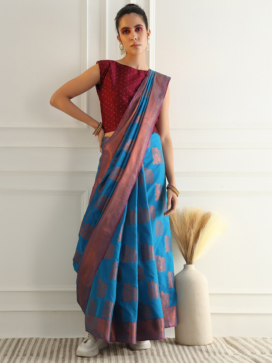 

Chhabra 555 Ethnic Motifs Woven Design Zari Art Silk Banarasi Saree, Blue