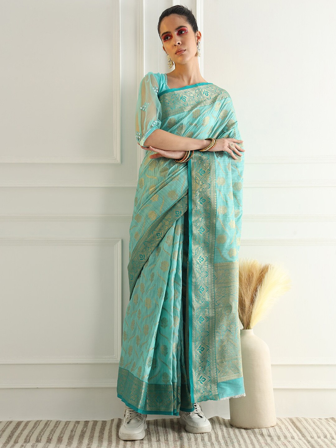 

Chhabra 555 Woven Design Zari Art Silk Banarasi Saree, Turquoise blue