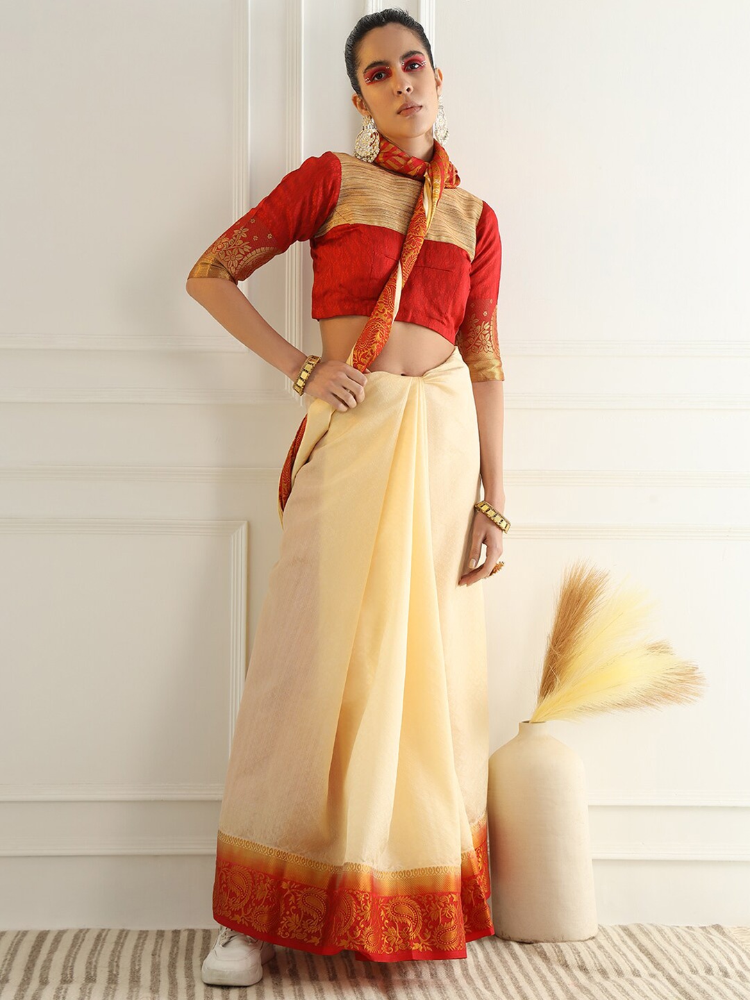 

Chhabra 555 Woven DesignZari Art Silk Banarasi Saree, Cream