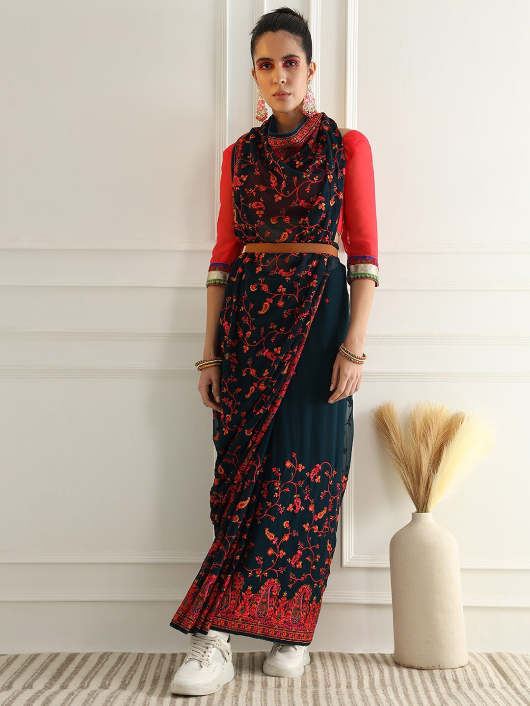 

Chhabra 555 Paisley Embroidered Poly Georgette Saree, Navy blue