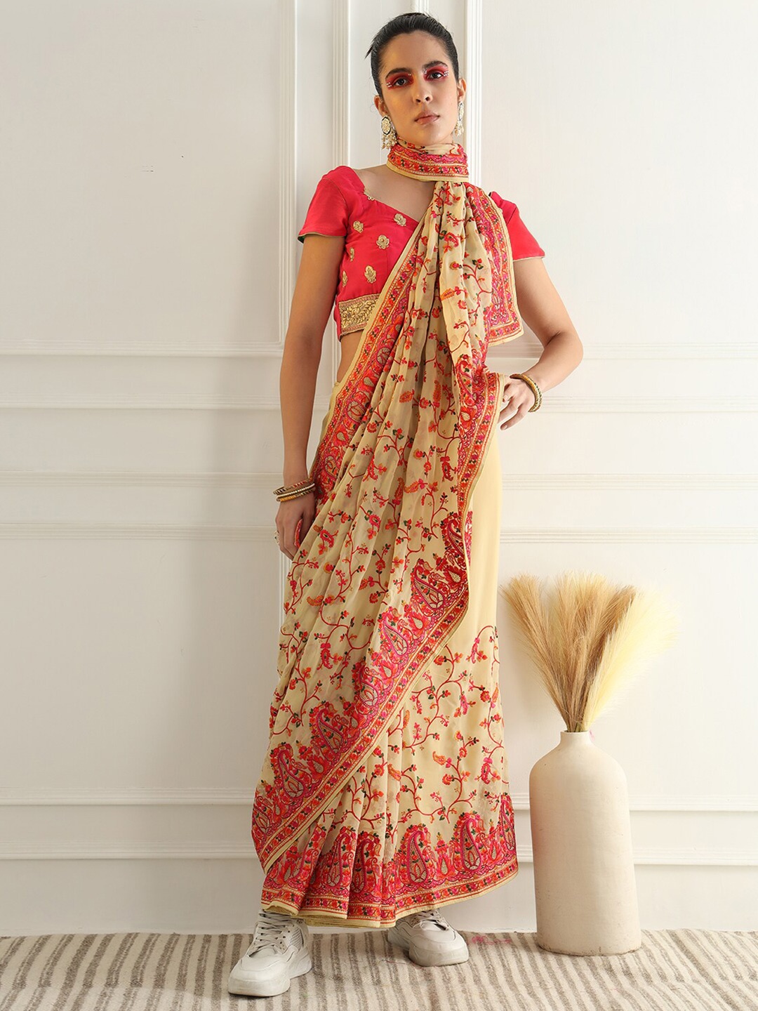 

Chhabra 555 Ethnic Motifs Beads and Stones Poly Georgette Saree, Beige