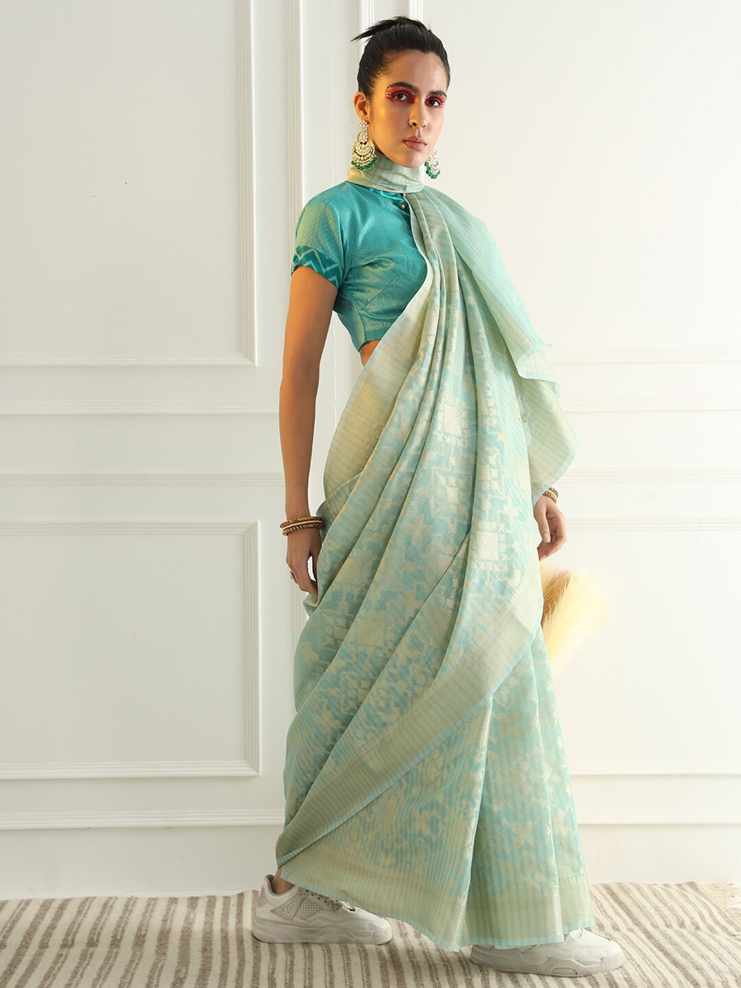 

Chhabra 555 Turquoise Woven Design Zari Silk Cotton Chanderi Saree, Turquoise blue