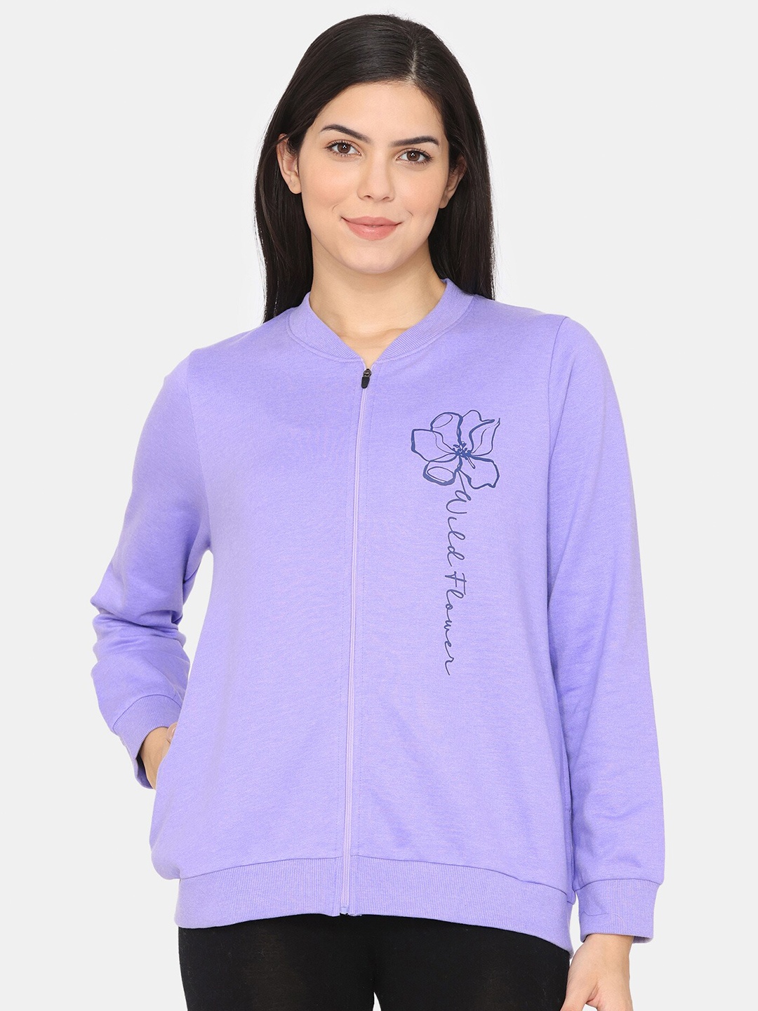 

Rosaline by Zivame Floral Printed V-Neck Long Sleeve Cotton Front-Open Sweatshirt, Purple