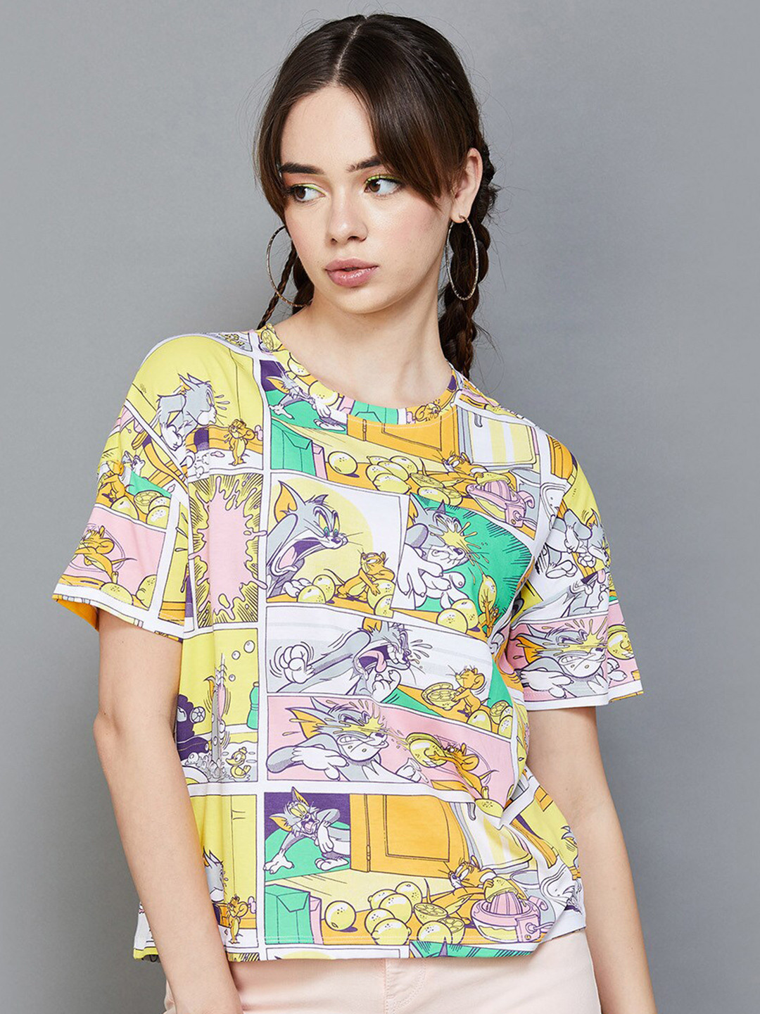 

Ginger by Lifestyle Yellow Tom & jerry Printed Pure Cotton T-Shirt