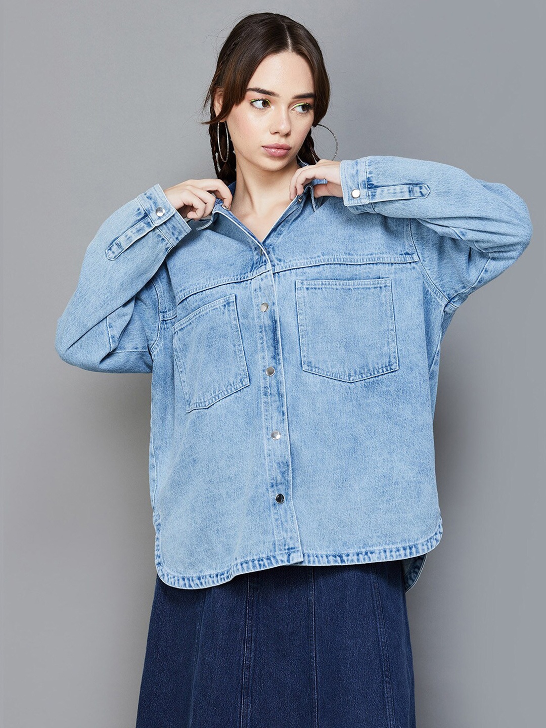 

Ginger by Lifestyle Oversized Drop Shoulder Sleeves Denim Casual Shirt, Blue