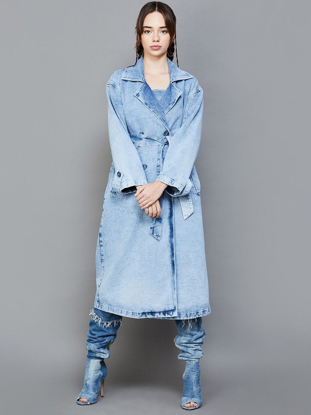 

Ginger by Lifestyle Long Sleeves Pure Cotton Denim Trench Coat, Blue