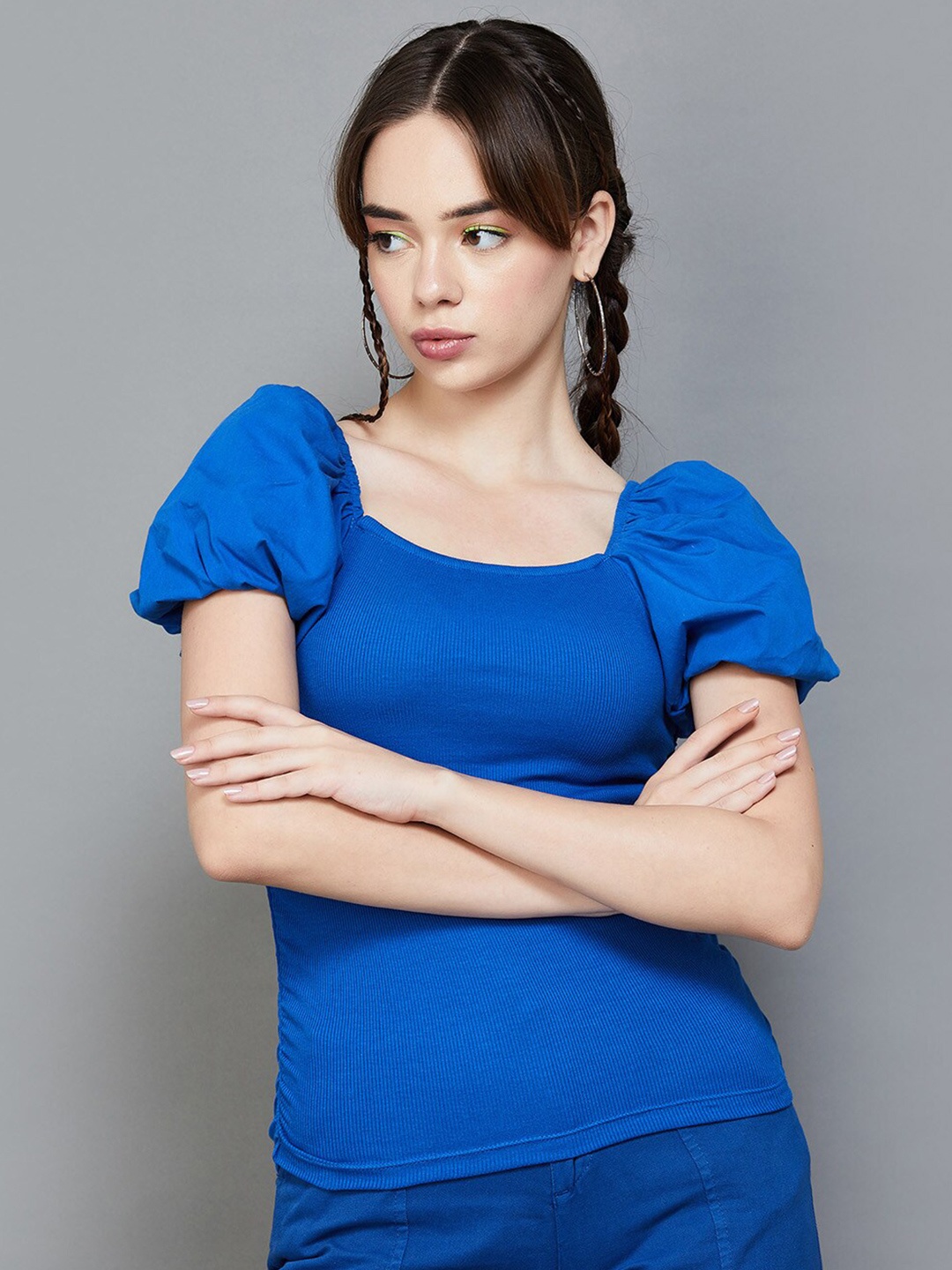 

Ginger by Lifestyle Square Neck Puff Sleeves Cotton Fitted Top, Blue