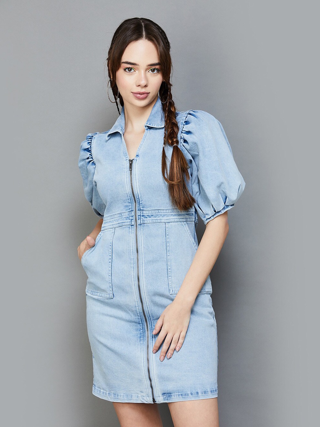 

Ginger by Lifestyle Puff Sleeves Cotton Shirt Dress, Blue