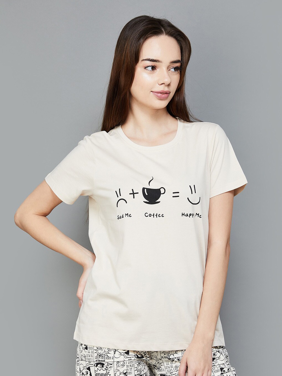 

Ginger by Lifestyle Typography Printed Pure Cotton T-shirt, Beige
