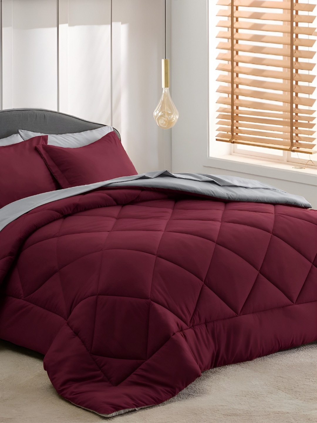 

LINENOVATION Grey & Maroon Mild Winter 150 GSM Single Bed Comforter