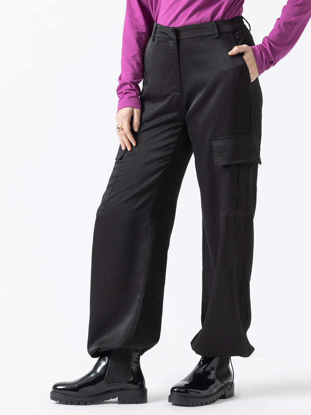 

B.Copenhagen Women High Rise Loose Fit Cargo Trousers, Black
