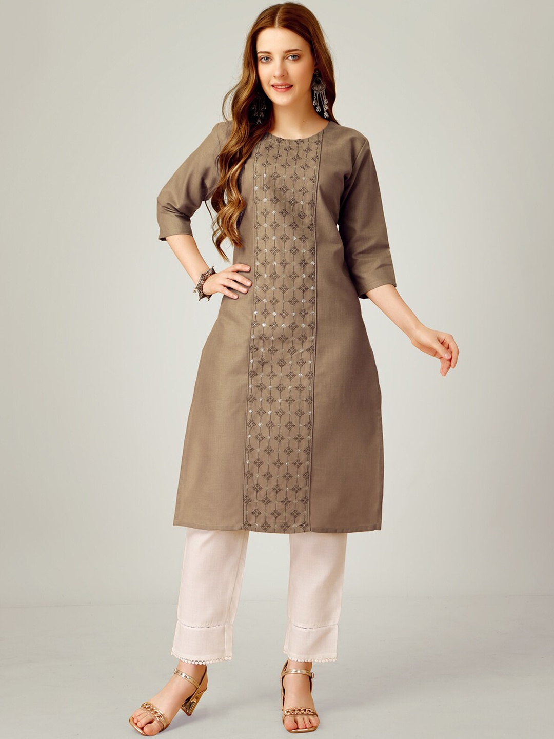 

ARADHNA Ethnic Motif Embroidered Straight Kurta with Churidar, Khaki