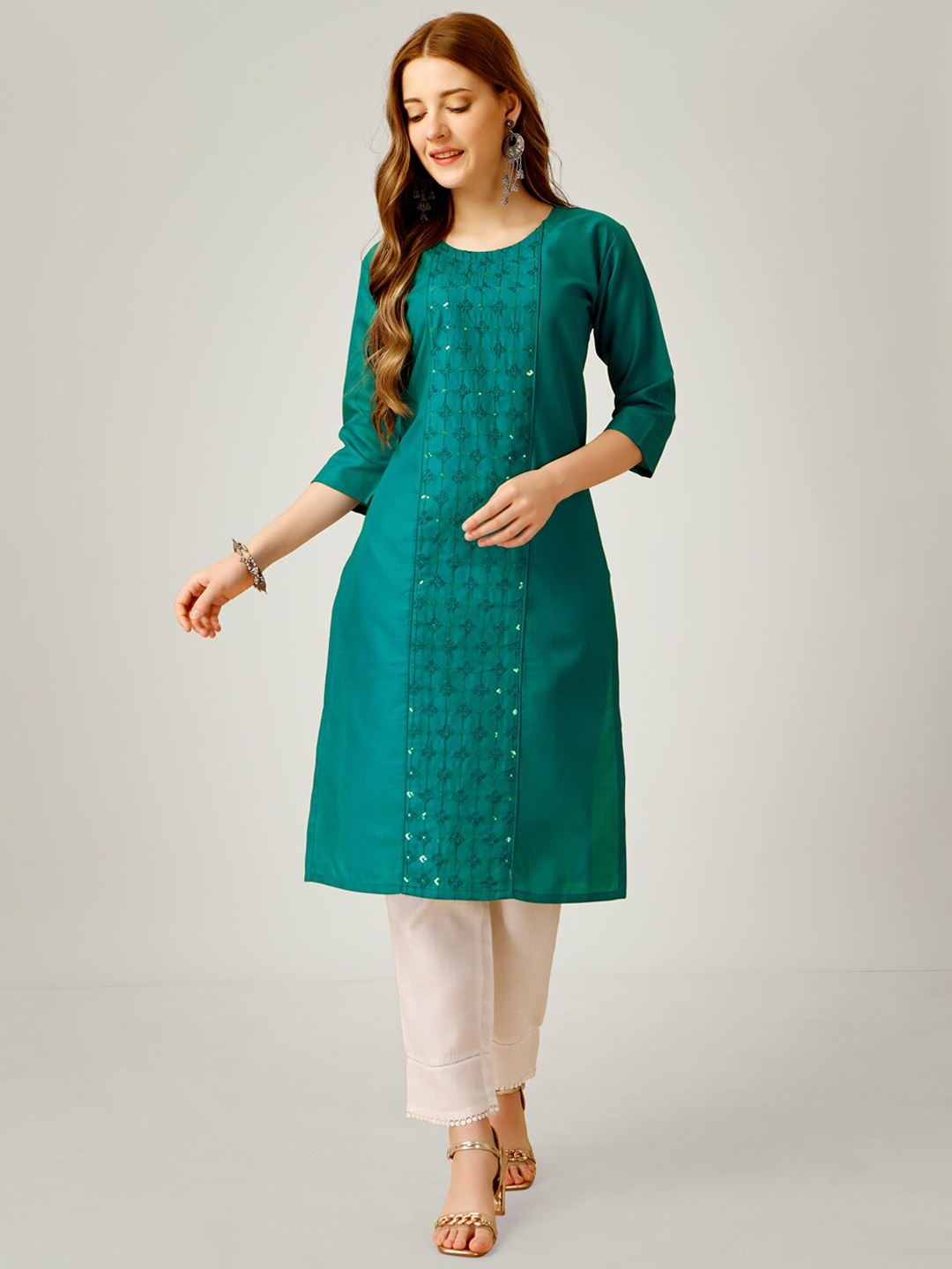 

ARADHNA Ethnic Motifs Embroidered Kurta with Trousers, Green