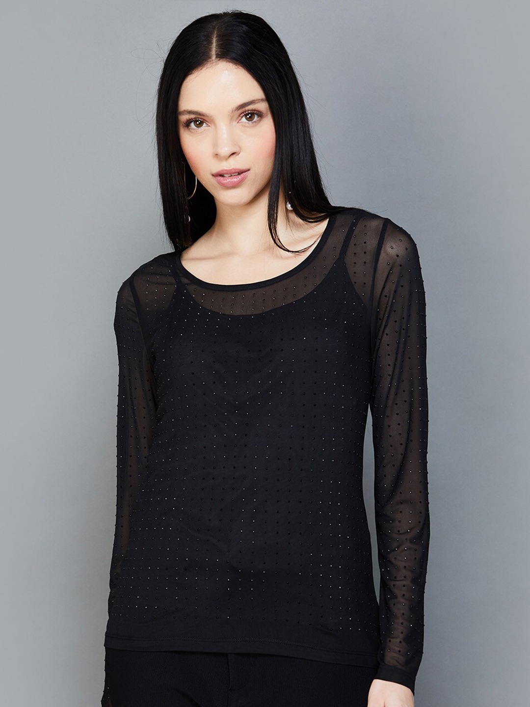 

CODE by Lifestyle Embellished Round Neck Top With Slip, Black