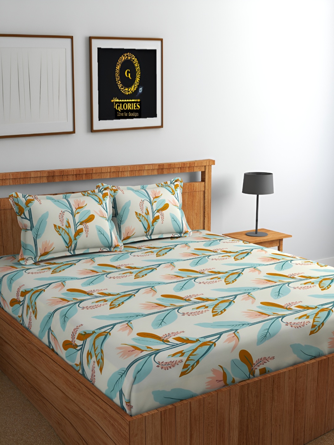 

GLORIES White & Green Floral 210 TC King Bedsheet with 2 Pillow Covers