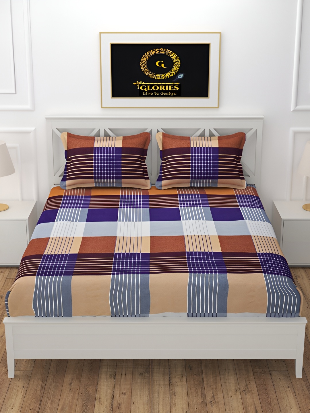 

GLORIES Beige & Blue Striped 210 TC King Bedsheet with 2 Pillow Covers