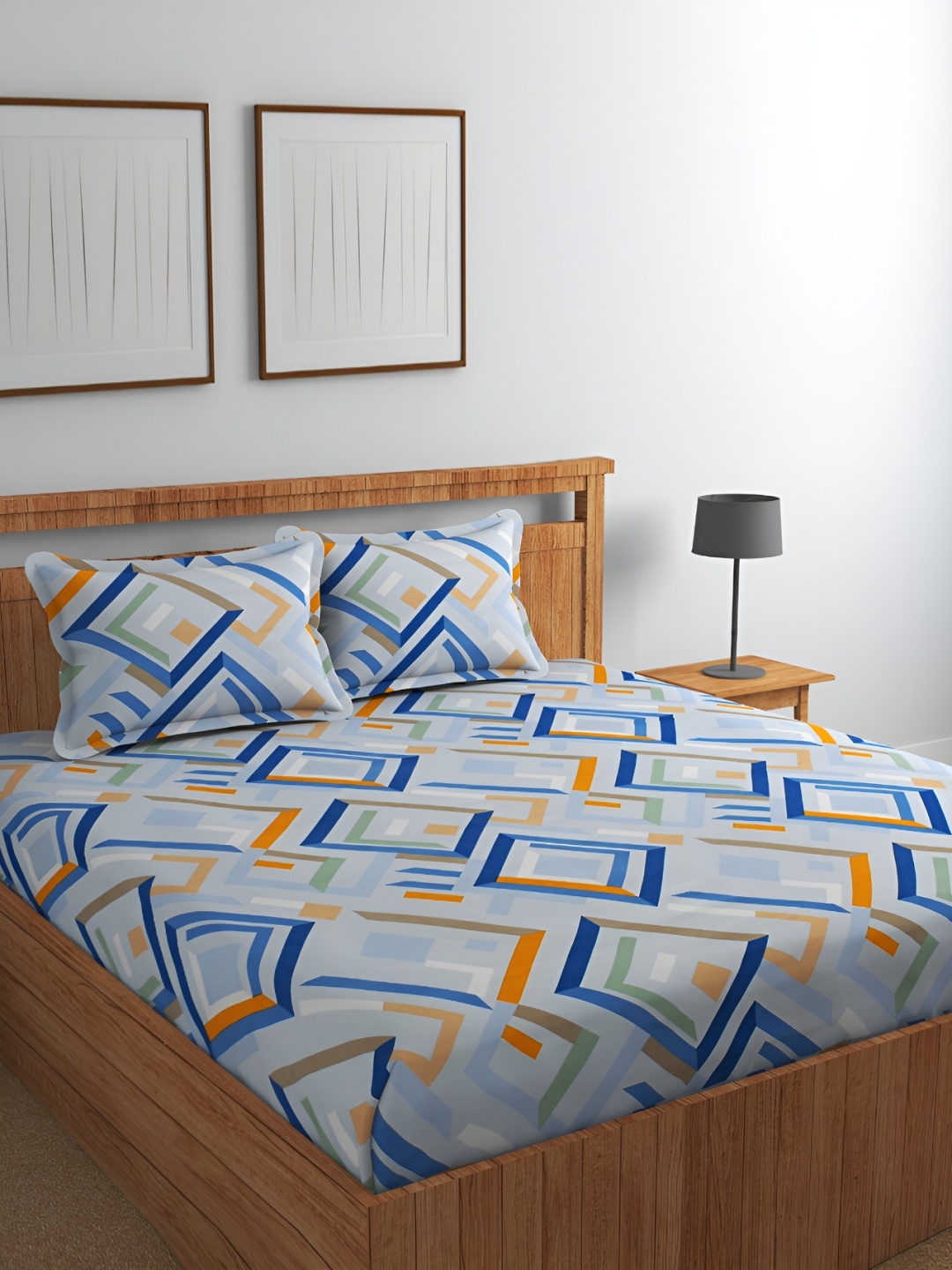 

GLORIES Blue & Orange Abstract 210 TC King Bedsheet with 2 Pillow Covers