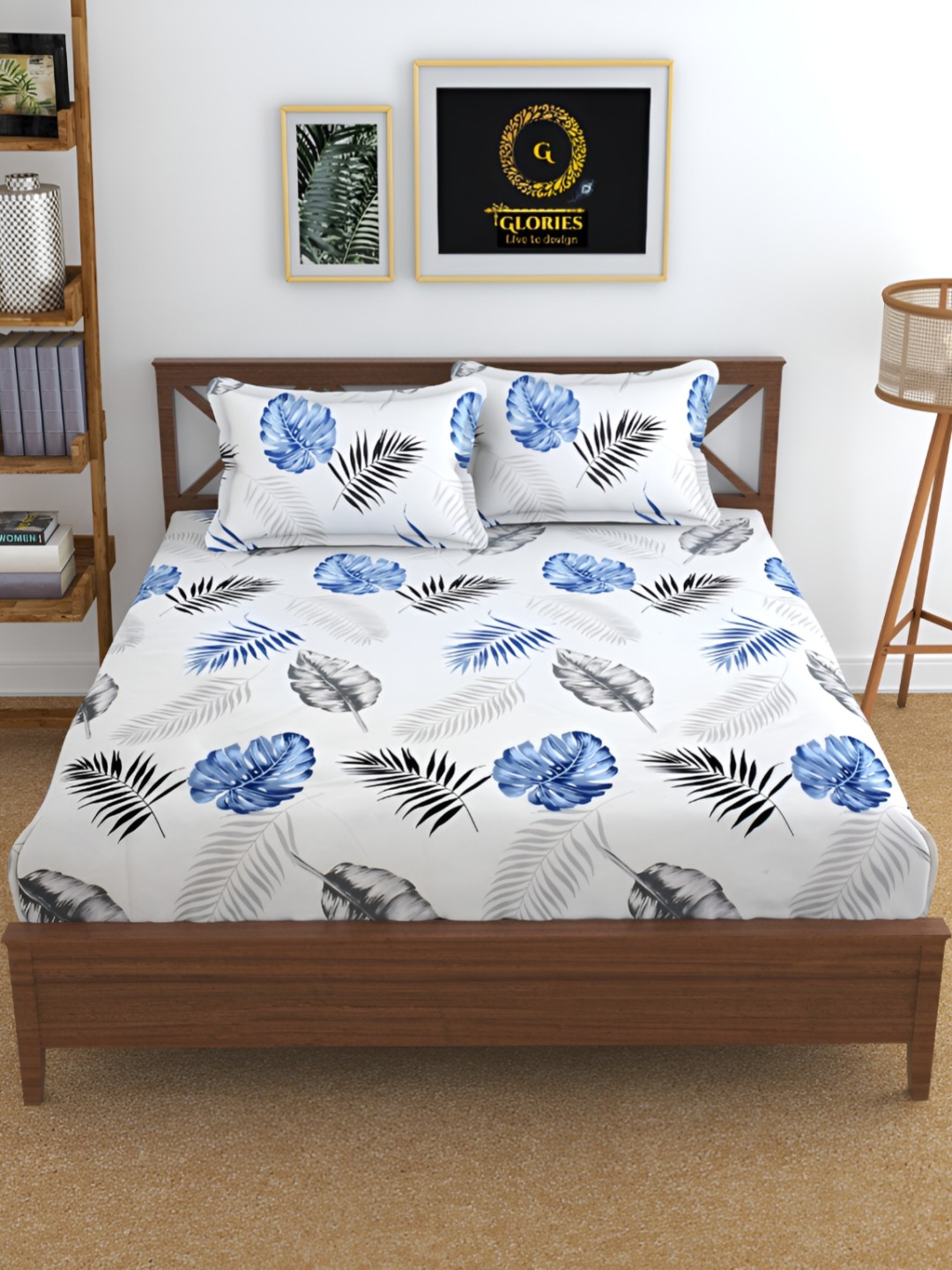

GLORIES White & Blue Floral 210 TC King Bedsheet with 2 Pillow Covers