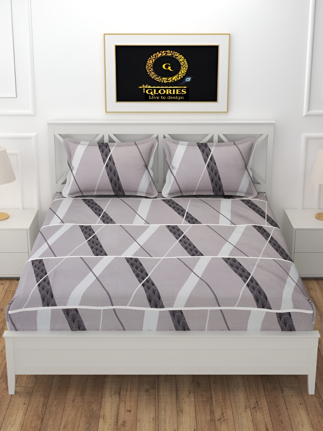 

GLORIES Grey Geometric 210 TC King Bedsheet with 2 Pillow Covers
