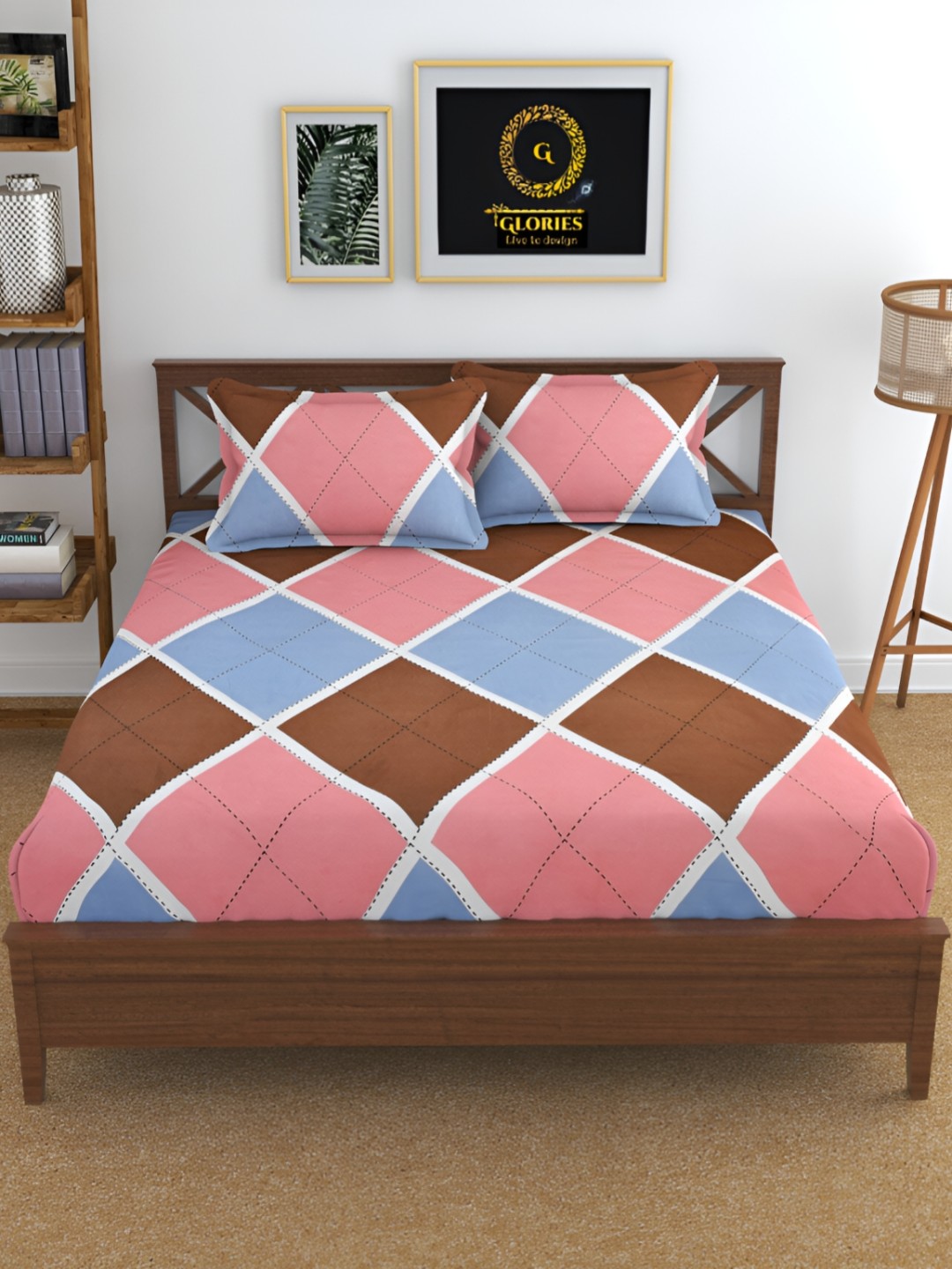 

GLORIES Brown & Pink Geometric 210 TC King Bedsheet with 2 Pillow Covers