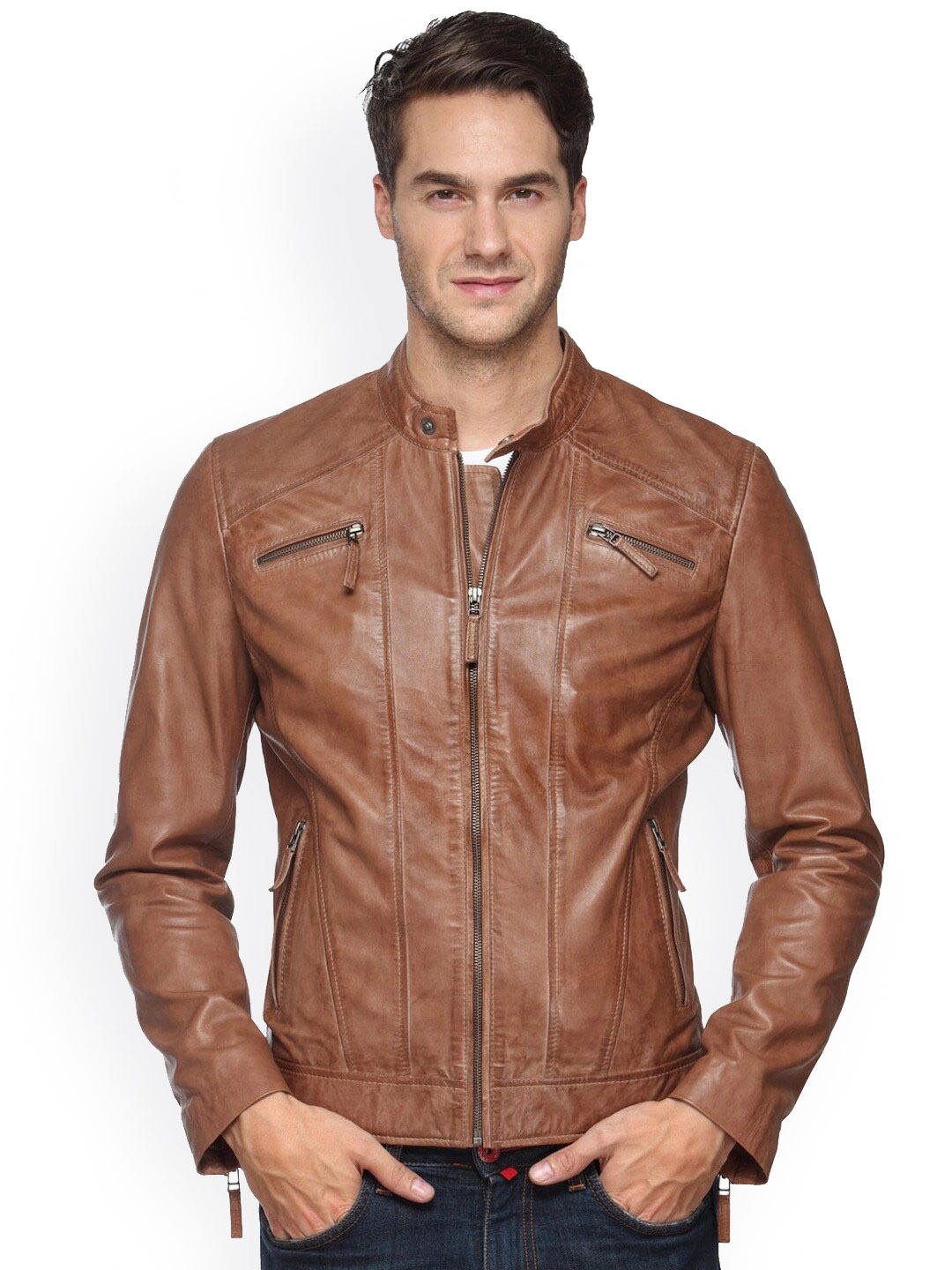 

Teakwood Leathers Band Collar Leather Jacket, Tan