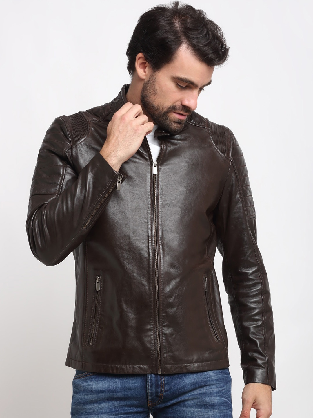 

Teakwood Leathers Mandarin Collar Leather Jacket, Brown