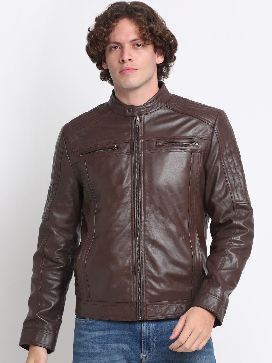 

Teakwood Leathers Mandarin Collar Leather Jacket, Brown