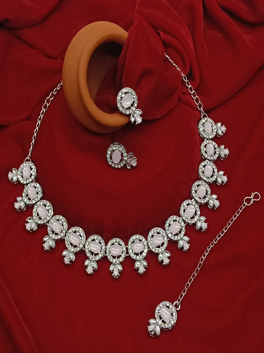 

AASHISH IMITATION Rhodium Plated Stone Studded Jewellery Set, Silver